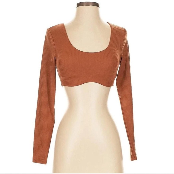 NWT Aerie brown ribbed cropped seamless long sleeve size S - Picture 4 of 7
